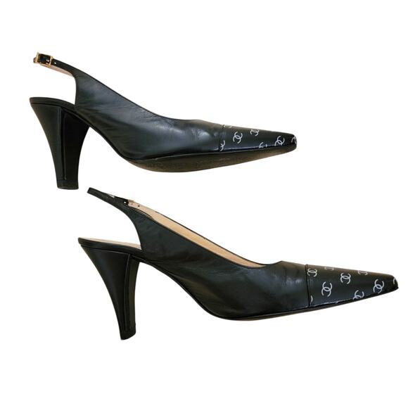 Chanel Vintage Square Toe Slingback Black CC Logo Leather Pumps Heels 6 36.5 - Picture 5 of 12